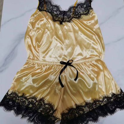 Damespyjama • Modieuze V-hals • Satijn stretch nachthemd met kant • Sexy lingerie • Pyjama met strik • Korte nachtset • Nachtkleding • Nieuw